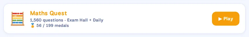 Maths Quest card: 1,560 questions, Exam Hall and Daily, 56 of 199 medals won