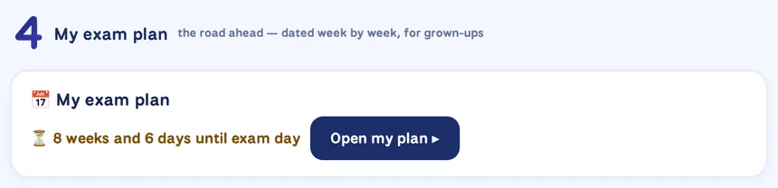 My exam plan section: eight weeks and six days until exam day, with an Open my plan button