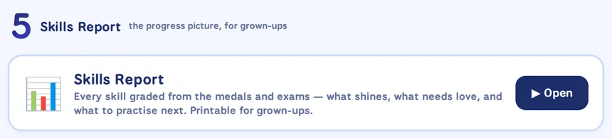 Skills Report section: every skill graded from the medals and exams, printable for grown-ups