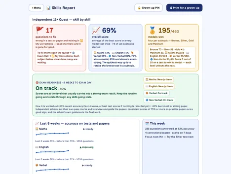 The Skills Report with an exam-readiness verdict